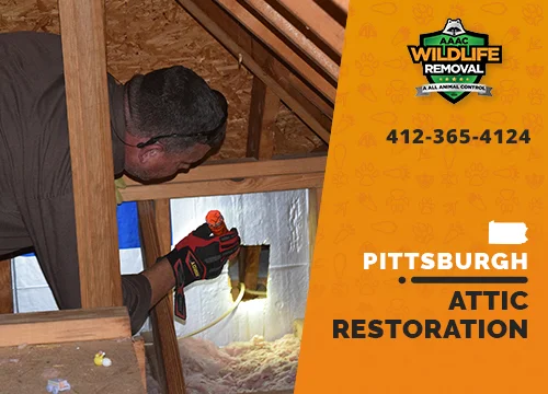 Wildlife Pest Control operator inspecting an attic in Pittsburgh before restoration